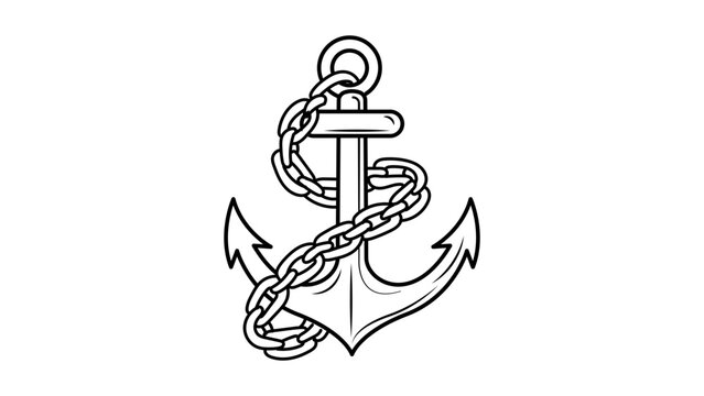 Minimalist black line vector icon of a nautical anchor with a chain wrapped around it, hand-drawn illustration on white background, scalable vintage marine symbol for sea travel, navy, and sailing