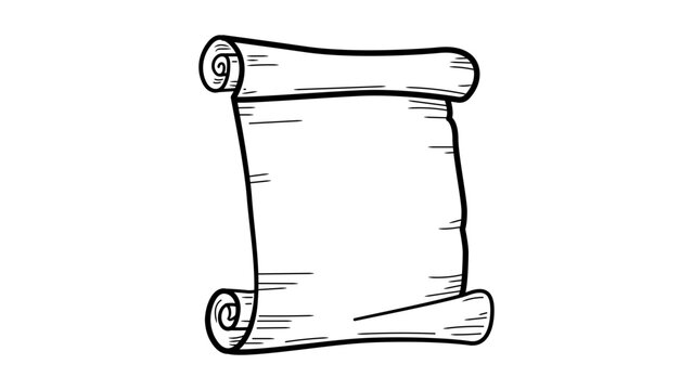 Minimalist black line vector icon illustration of an unrolled ancient parchment scroll on a white background, hand-drawn style outline for vintage document, script, or certificate design.