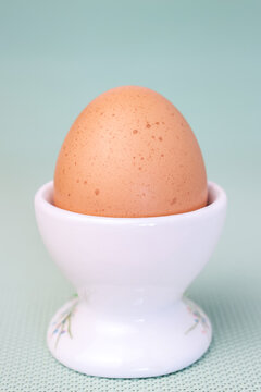 Brown chicken egg in ceramic white egg cup on blue green background vertical macro front view