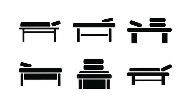 Set of 6 Black Spa Massage Bed Icons Vector