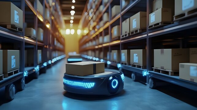 A robotic automated guided vehicle transports a cardboard box in a modern warehouse