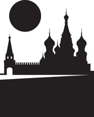 Fototapeta premium Silhouette Illustration Of Onion Domes And Castle Wall With Moon In Outline Style For Dark And Scene