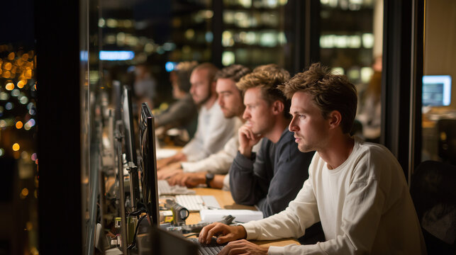  Dedicated corporate team working late hours to achieve business goals in a modern office
