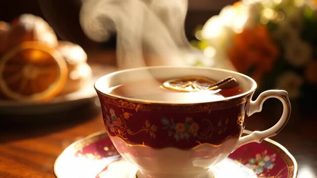Steaming hot tea in ornate cup with citrus and cinnamon, evoking warmth and comfort. Perfect for a cozy morning or relaxing evening concept video.