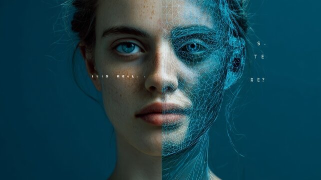 A woman's face is half real, half a digital projection, questioning the nature of reality.