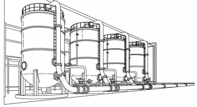 Industrial piping system with valves and tanks technical drawing
