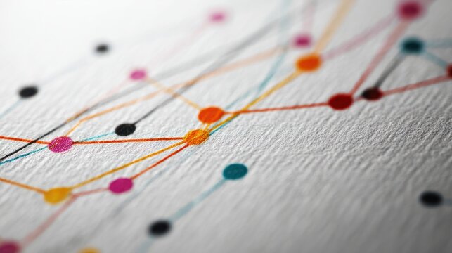 An interactive data visualization graph on white paper featuring multicolored lines and dots with textured surface