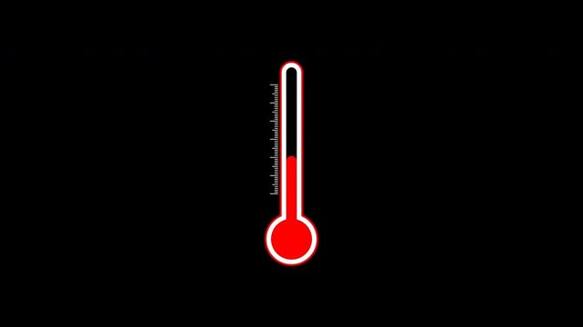 Animated thermometer graphic showing rising temperature with a red liquid column against a black background