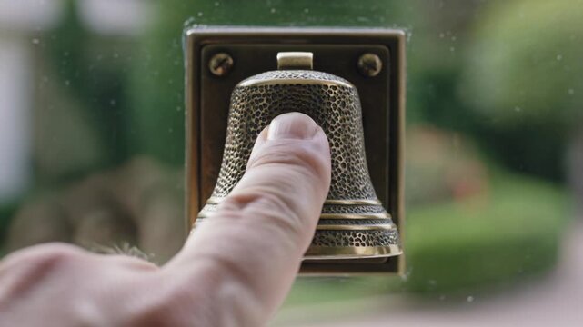 Finger Pressing an Antique Brass Bell Shaped Doorbell Button