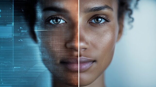 A woman of color's face is split between realistic skin and a vibrant digital construct.