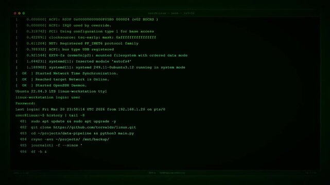 Linux Command Line Interface Showing System Administration and Terminal Commands.