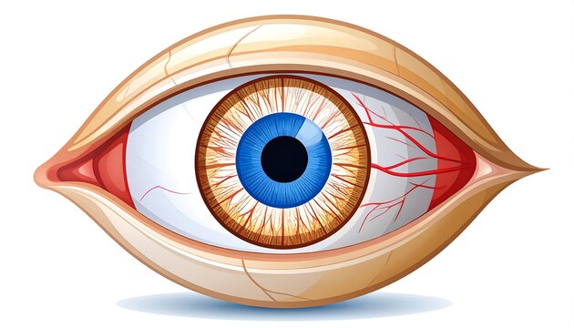 Detailed anatomical illustration of a human eye, focused.
