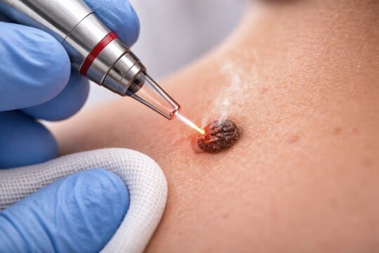 Close up of professional laser mole removal procedure on human skin. Dermatologist using laser equipment to remove nevus or papilloma with smoke and light effect. Medical dermatology and skin health c