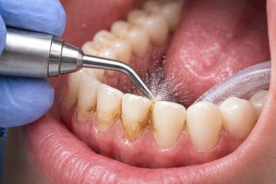 Professional dental cleaning procedure close up. Dentist using ultrasonic scaler to remove tartar and plaque from patient teeth with water spray. Dental hygiene, oral care and stomatology treatment co