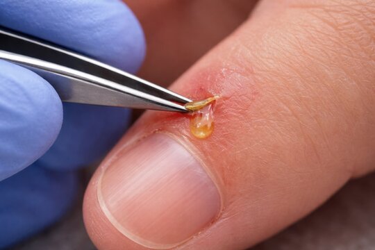 Macro shot of splinter removal from human finger with tweezers. Medical procedure for skin injury treatment performed by healthcare professional in blue gloves. First aid, dermatology and minor trauma
