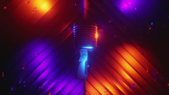 4K seamless VJ loop with glowing microphone and floating music notes for karaoke bars, VJ sets, high-tech club visuals, electronic music festivals, stage screens and for LED video walls.