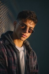 Obraz premium Stylish young man wearing sunglasses and plaid hoodie in moody urban portrait