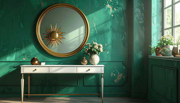 Sunburst Mirror and Console Table in a Verdant Room Interior