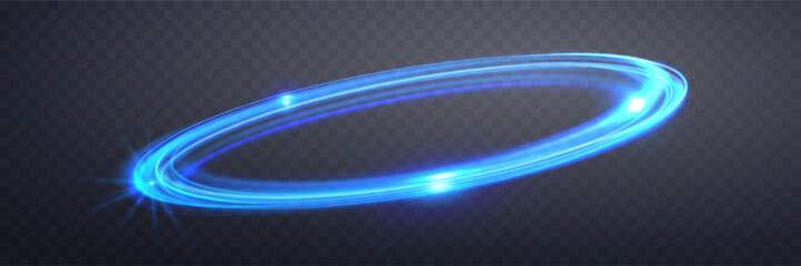Glowing dynamic  blue magic rings, orbital flare halo ring. Neon realistic energy swoosh swirl. Abstract light effect on a dark transparent background. Vector illustration. © Elena