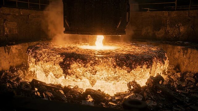 Close medium shot of slagging process in electric arc furnace molten slag forming a protective layer over molten scrap highlighting refining and melting stages.