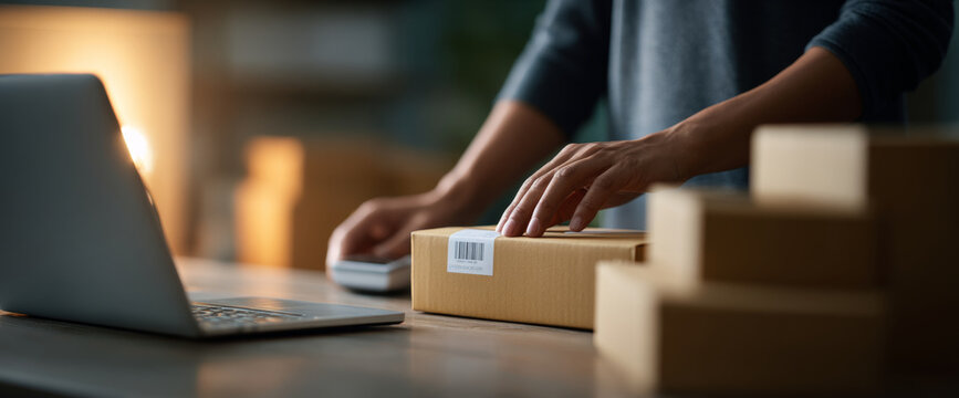 Person handling cardboard package near laptop