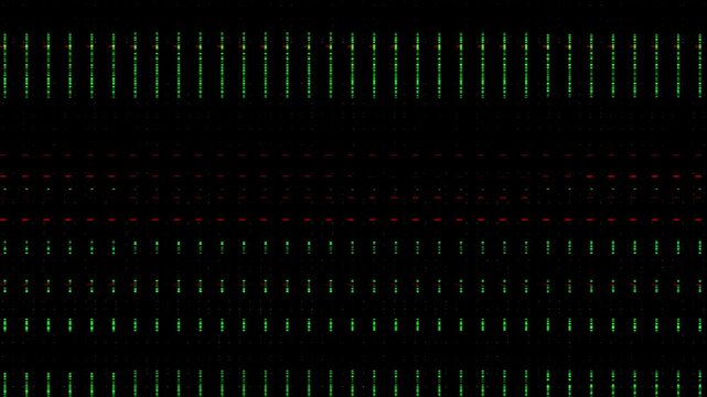 Abstract digital glitch overlay texture with vertical green dashed lines and data artifacts on a black background.