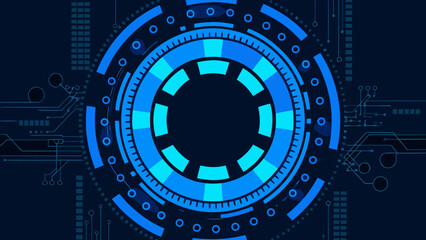 Obraz premium Abstract digital circuit board with concentric glowing blue rings and lines