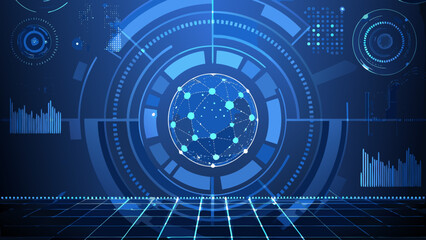 Obraz premium Futuristic network interface with glowing blue digital elements and data streams