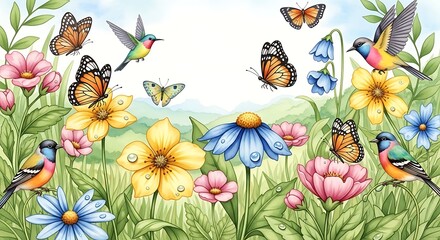 Naklejka premium Vibrant garden scene with colorful flowers, butterflies, and birds in a lively, sunny meadow, showcasing nature's beauty and tranquility.