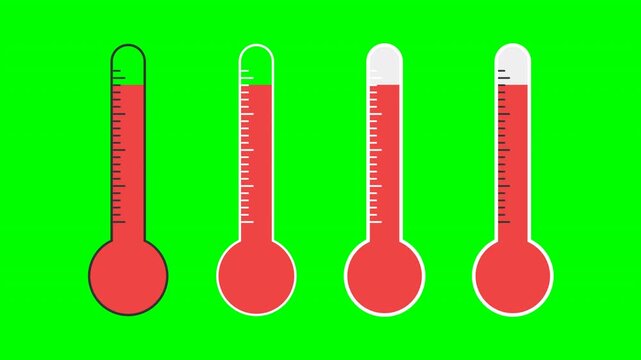 Four thermometers showing increasing temperature levels on a green screen background, perfect for data visualization