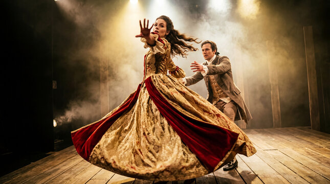 Actors on the stage of a drama theater during a classical production