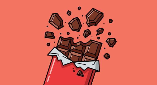 A playful illustration of chocolate pieces bursting out of a red wrapper on a peach background, evoking a sense of fun and temptation.