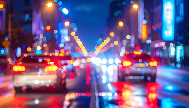 Urban traffic lights create colorful bokeh on a rainy night with blurry cars moving.