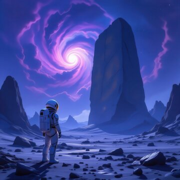 Astronaut standing on rocky alien planet gazing at massive colorful swirling galaxy.