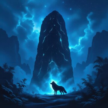 Lone wolf howling on rocky cliff under dramatic blue night sky with mountains.