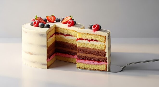 Elegant layered cake with cream frosting, featuring chocolate and vanilla sponge layers with berry filling, topped with fresh strawberries, raspberries, and blueberries. Clean minimal composition with