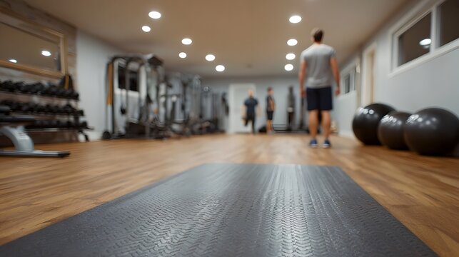 Blurred gym interior with exercise equipment people training in the distance and a prominent yoga mat in the foreground