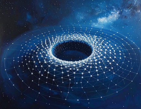 An abstract AI network forms a glowing circular pattern in a minimal design against a starry night sky.