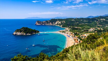 Fototapeta premium Scenic coastal view of a beautiful beach with turquoise water and lush greenery.