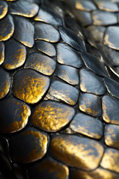 Close-up of textured snake skin with black and gold patterns vertical frame
