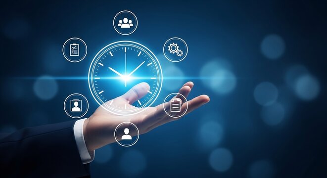 Businessman holding virtual clock with team icons, time management, productivity, scheduling, workforce planning concept