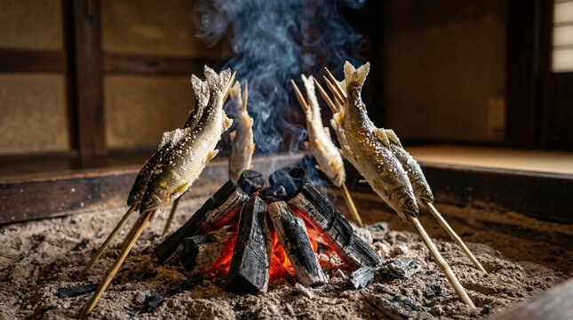 Grilled sweetfish at a hearth