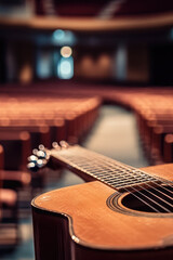 Fototapeta premium A guitar placed on a row of empty chairs, great for representing a music performance or rehearsal scene vertical frame