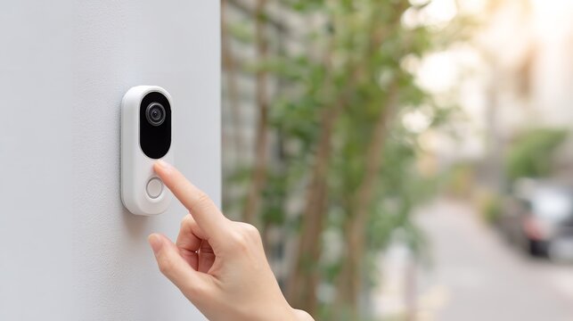 Hand pressing the button of a smart doorbell system, close-up shot of device.