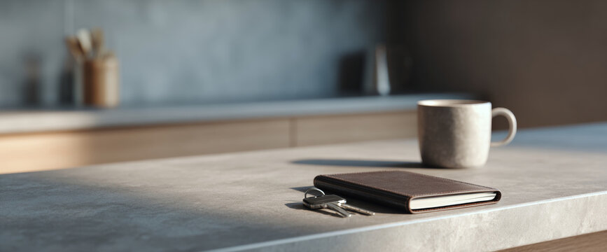 Keys notebook and coffee cup on kitchen counter