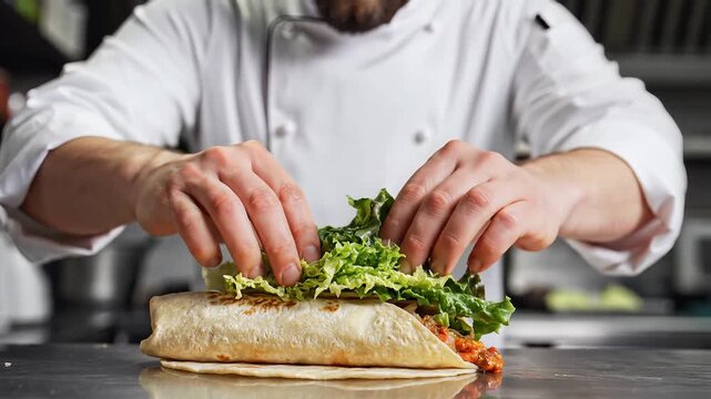 Chef preparing a delicious wrap with fresh ingredients in a professional kitchen.