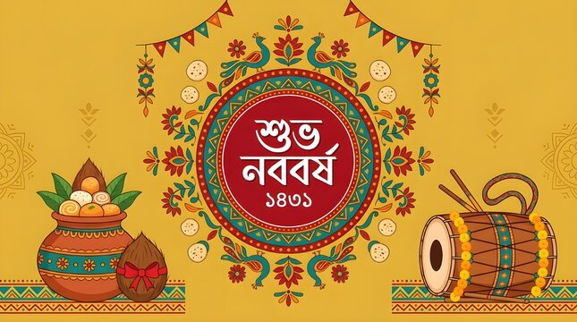 Bengali New Year Vector Illustration with Traditional Drum, Sweet Pot, and Decorative Folk Art Patterns for Shubho Noboborsho Celebration