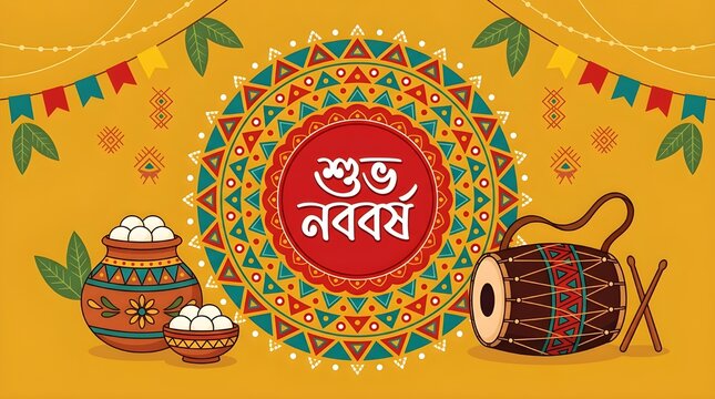 Bengali New Year Vector Illustration with Traditional Drum, Sweet Pot, and Decorative Folk Art Patterns for Shubho Noboborsho Celebration