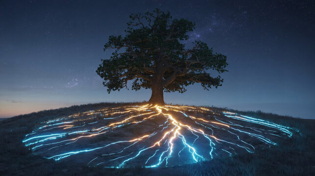Illuminated tree roots pulse with vibrant energy, symbolizing power and natural.