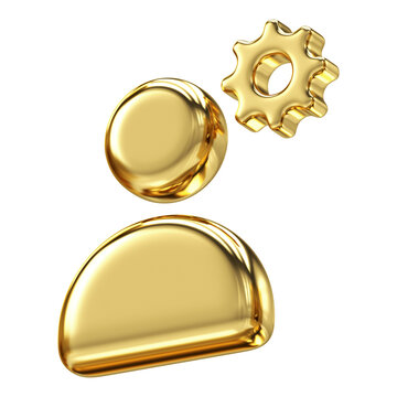 Sophisticated 3D golden profile icon with gear symbol for administration and account settings, management dashboards and technical configuration